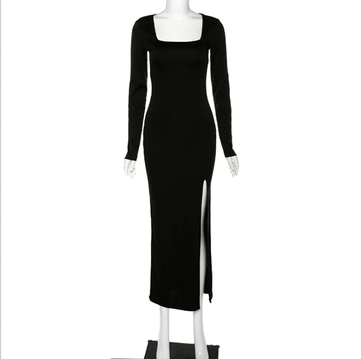 Slim Fit Dress with Square Neck and Side Slit