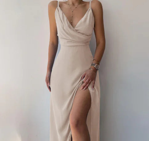V-neck Slip Dress with Low Cut and Side Slit