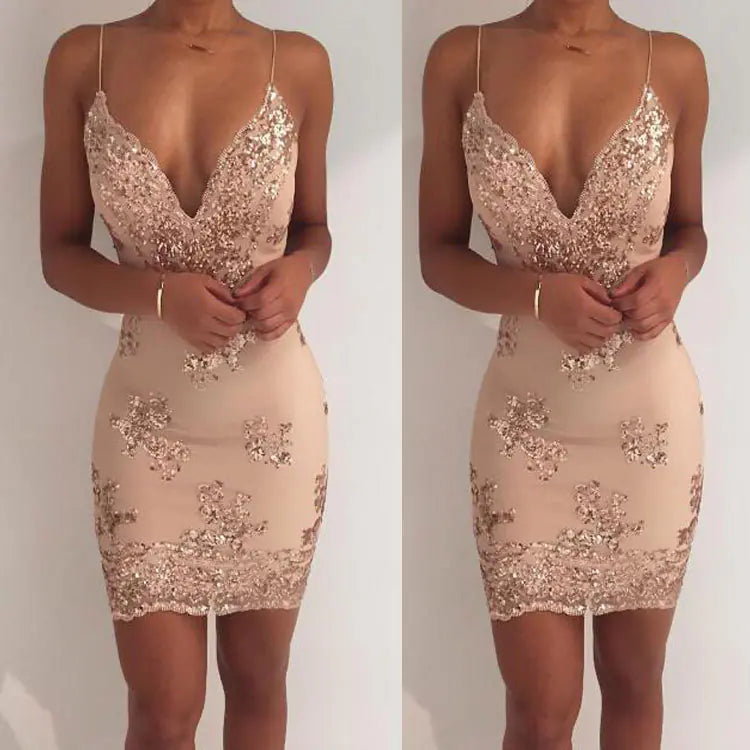 Summer Sequin Club Dress with Deep V Neck and Backless